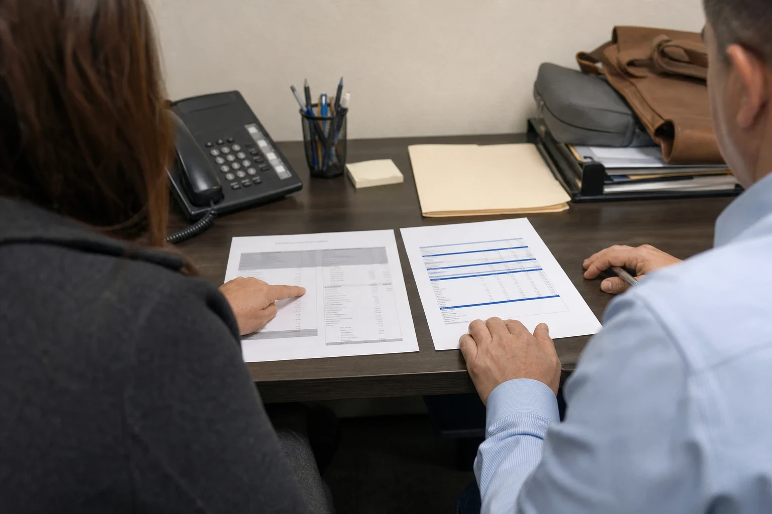 Two people at an office desk compare two printed documents laid side by side, beside a desk phone, pen cup, manila folder and file tray