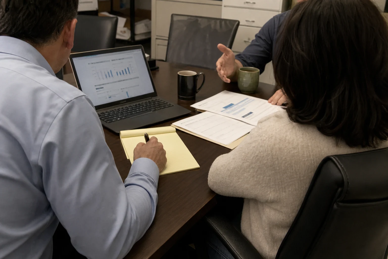 Man in a light blue button-down taking notes on a yellow legal pad beside a laptop showing charts, meeting with two people over printed forms at a small office table