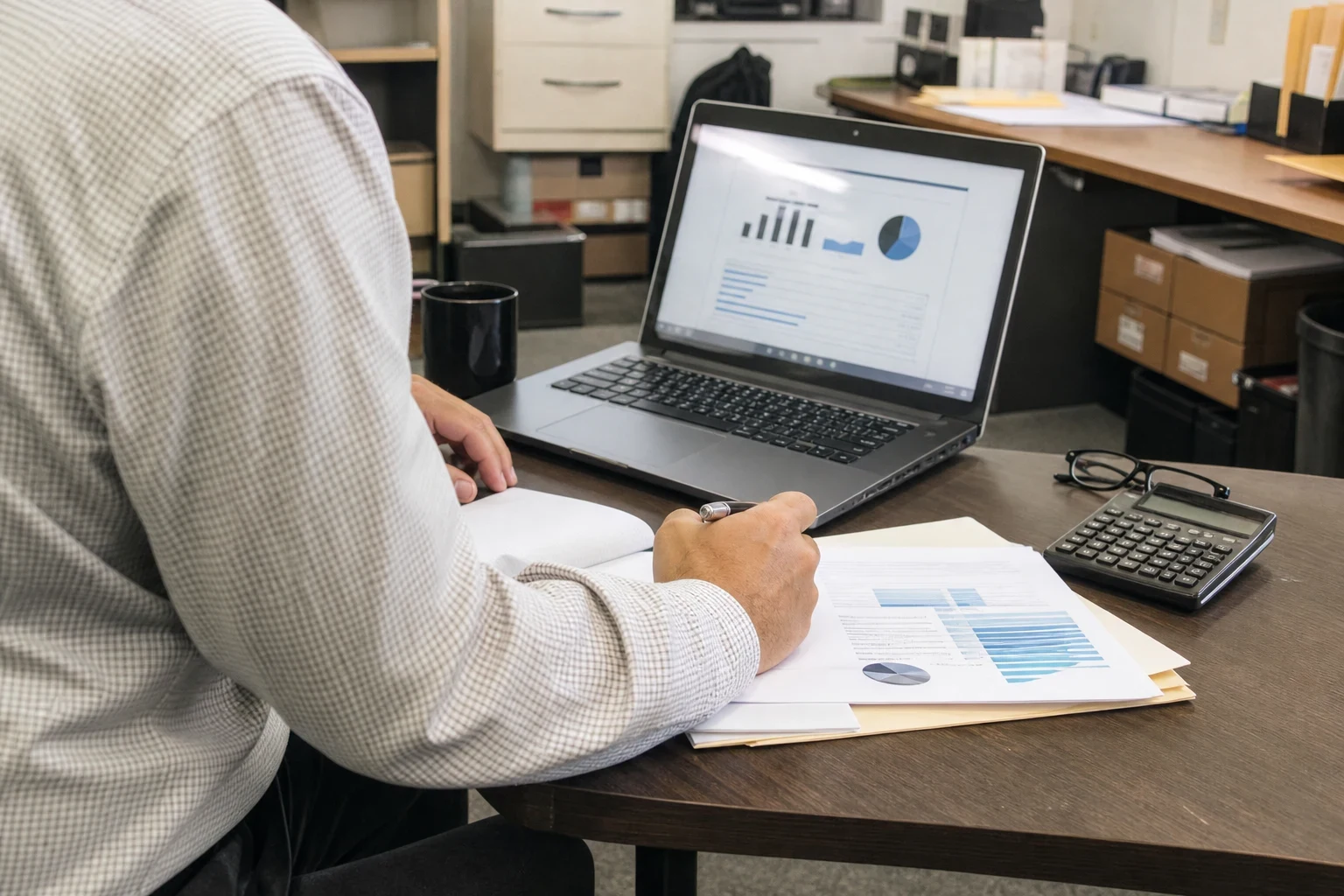 Man in a checked shirt seated at an office desk with a laptop showing charts, printed financial reports, a calculator, glasses and a mug, filing boxes behind