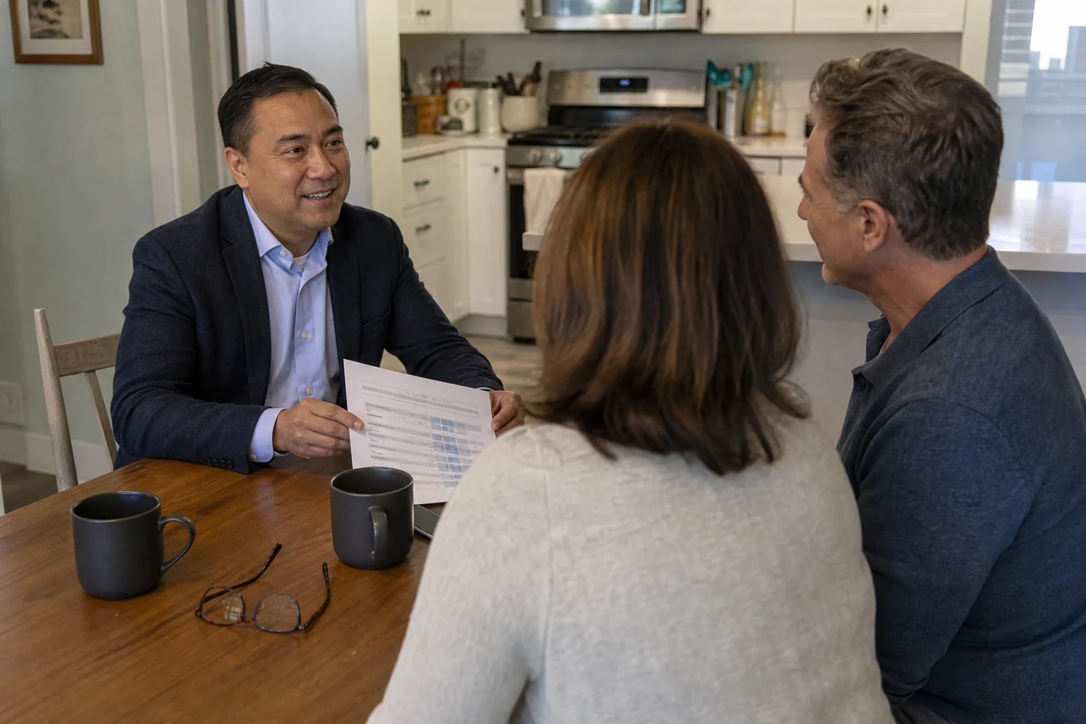Smiling agent in a navy blazer holds a coverage comparison sheet while talking with a couple at a wooden kitchen table with coffee mugs and reading glasses