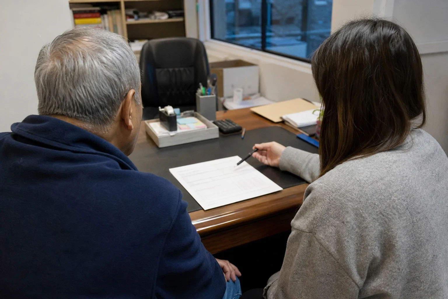 Over-the-shoulder view of a gray-haired man and a woman with a pen reviewing a one-page form on a wooden desk in a small office with a window and bookshelf